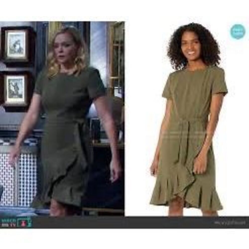 Calvin Klein Women's 6 Ruffle Hem Wrap Dress Solid Olive Green Flounce Cocktial